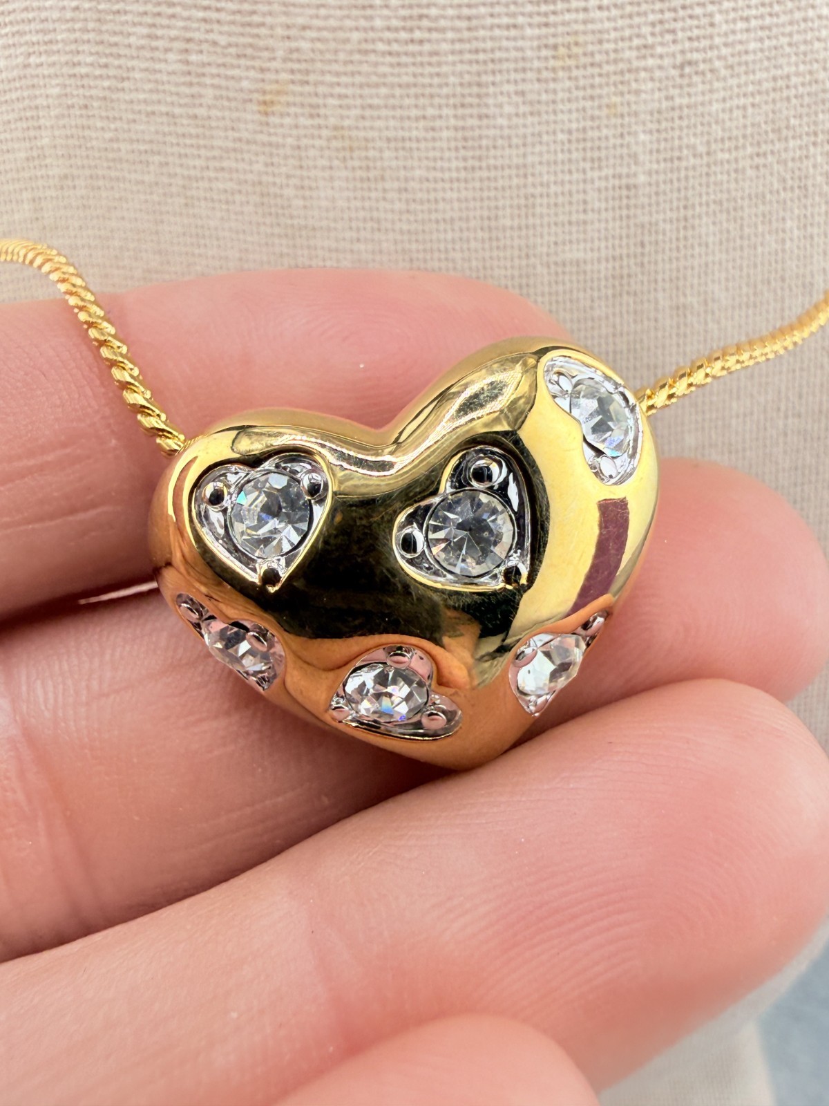 Nolan Miller Forever Heart Necklace Puffy Rhinestone Gold Tone 22″