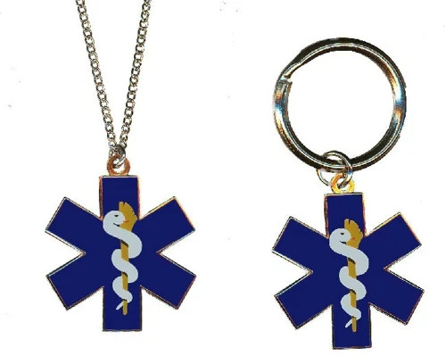 EMT EMS Blue Star Of Life Blue Enamel Medical Emblem Pendant And Keyring Set