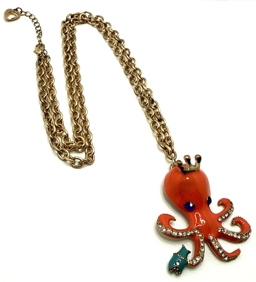 BETSEY JOHNSON Orange Enamel Octopus Pendant Necklace Blue Fish Clear Crystals