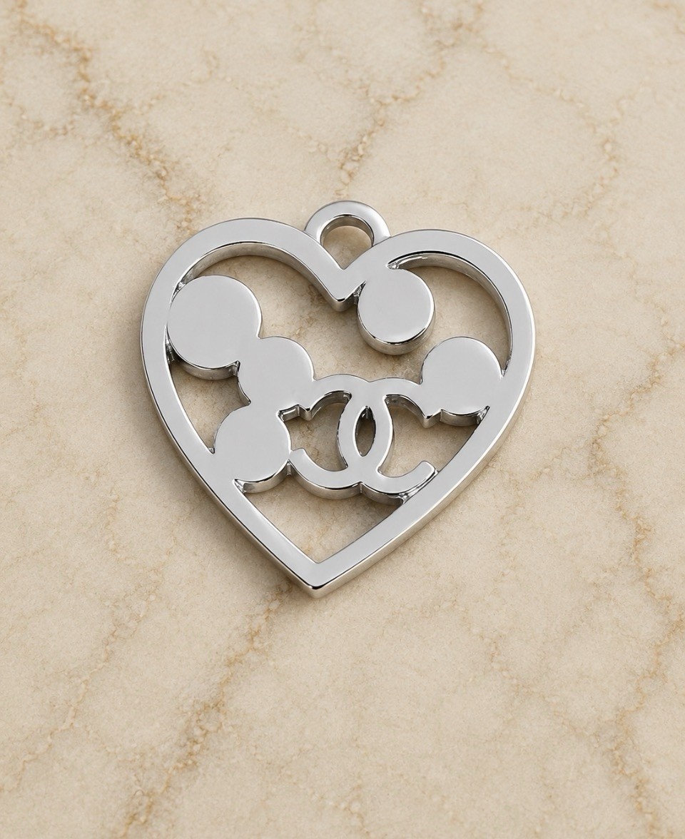 CHANEL Heart Crystal Charm Pendant VIP Gift Keychain Component Silver Tone