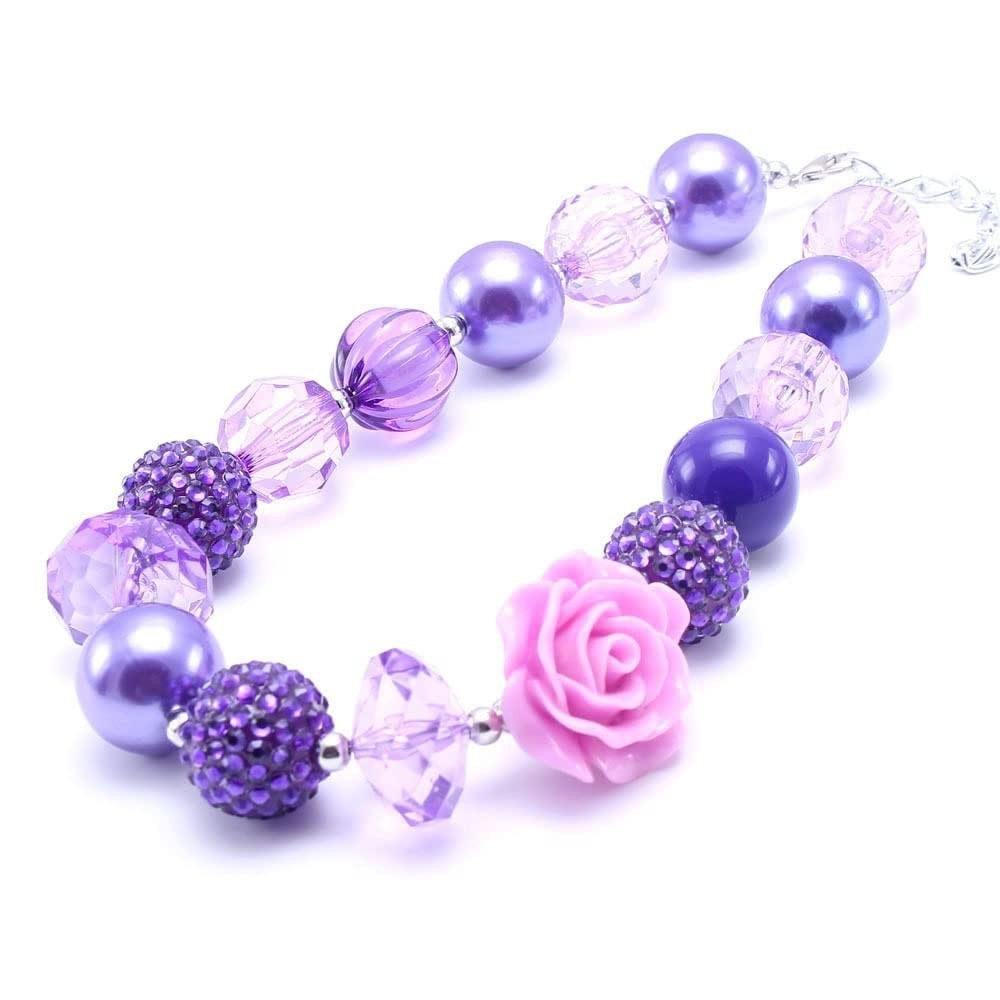 Chunky Bubblegum Candy Bead Necklace & Bracelet Set – Flower Bow Charm Jewelry