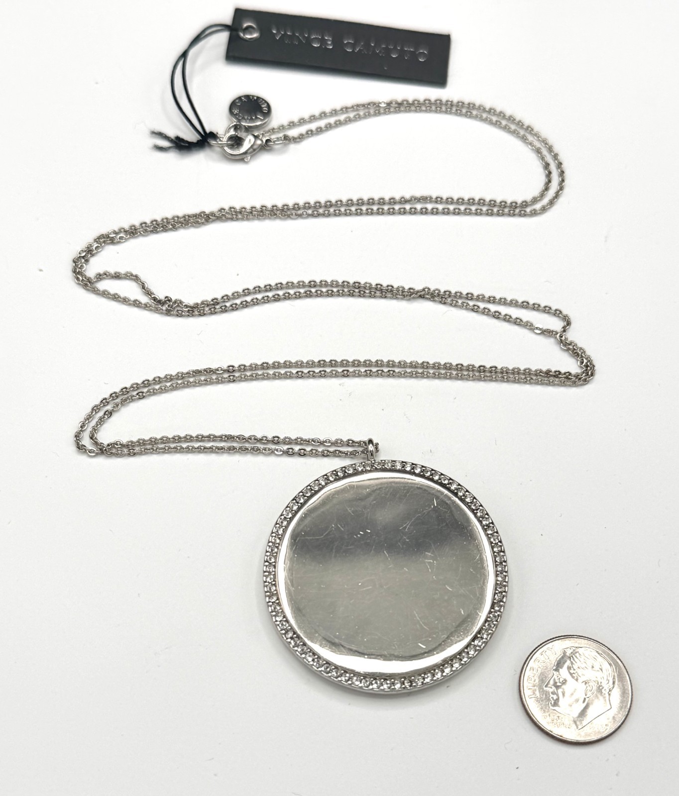 Vince Camuto Silver Tone Pave Crystal Disc Pendant Necklace 34″ NWT