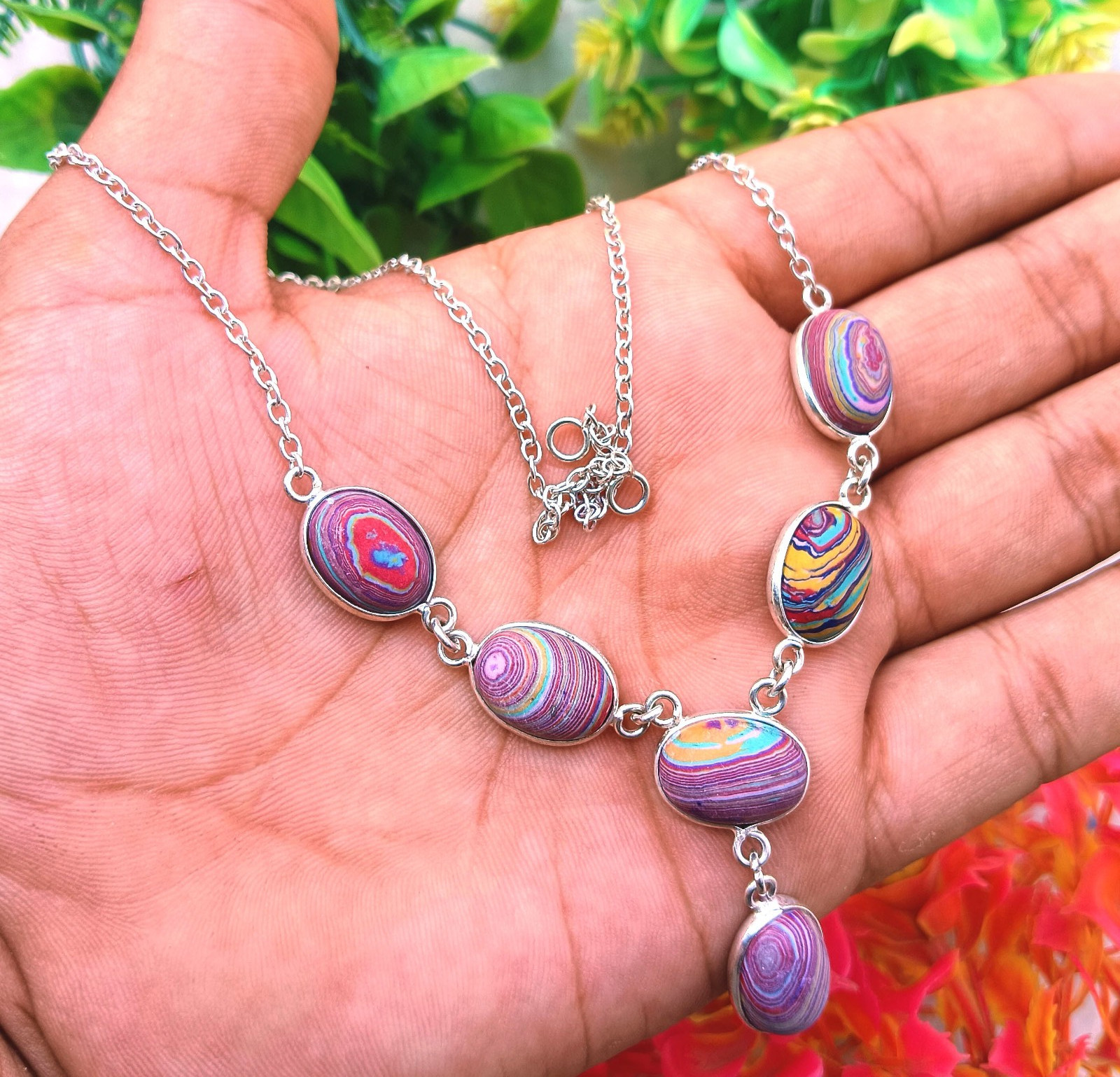 925 Sterling Silver Plated Rainbow Calsilica Gemstone 1pc Necklace Jewelry Gift