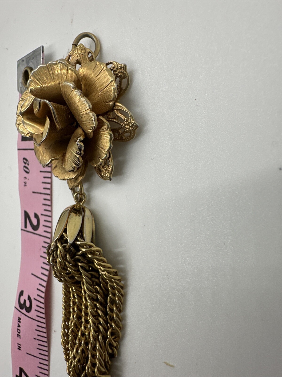 Vintage Rose Tassle Pendant Giovanni, 3.75 Inches Gold Tone Costume