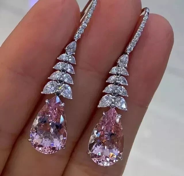3Ct Pear Cut Simulated Morganite Drop/Dangle Earrings 14K White Gold Plated