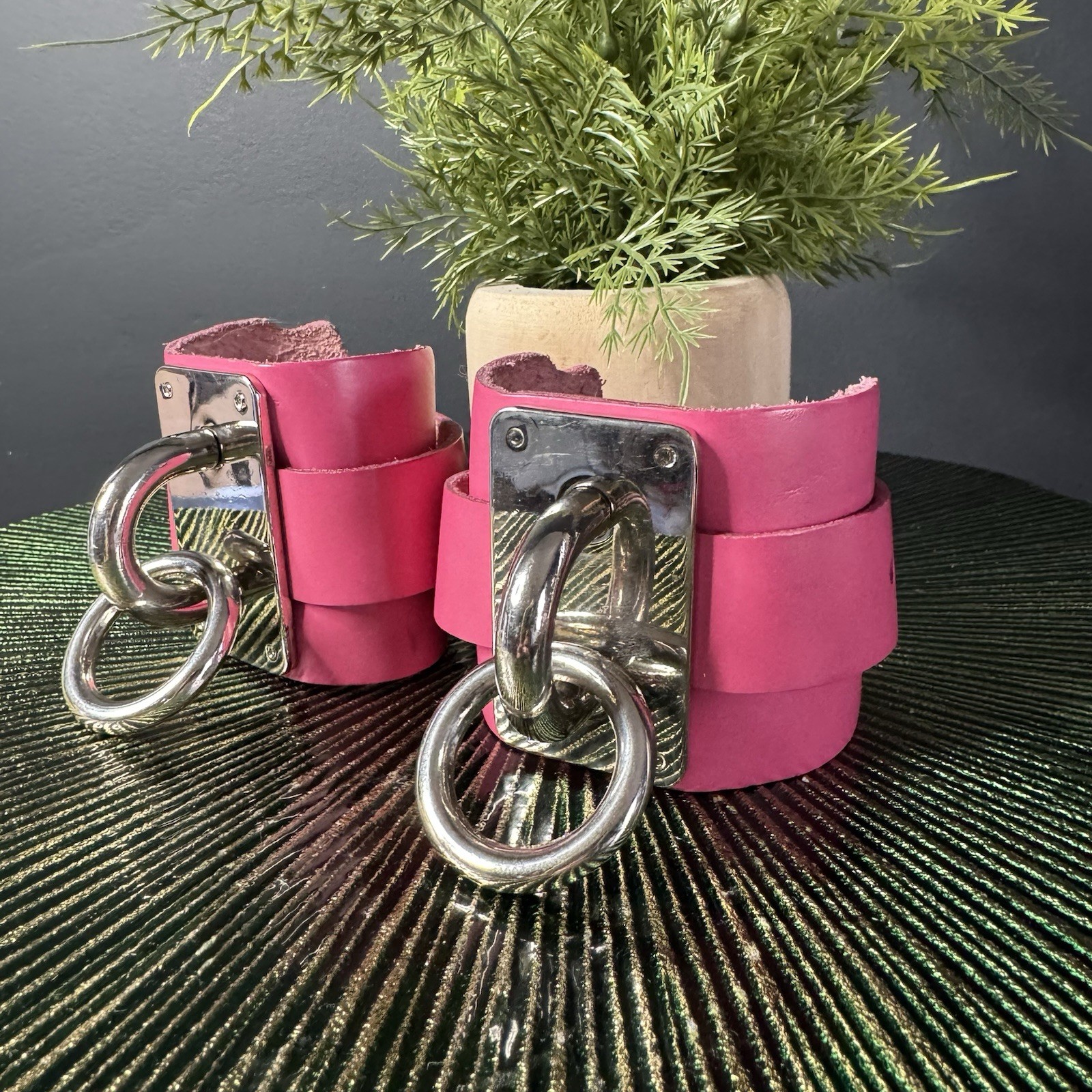 Zana Bayne Hot Pink Leather Cuff Set Pair Harness Punk BDSM Statement O Ring