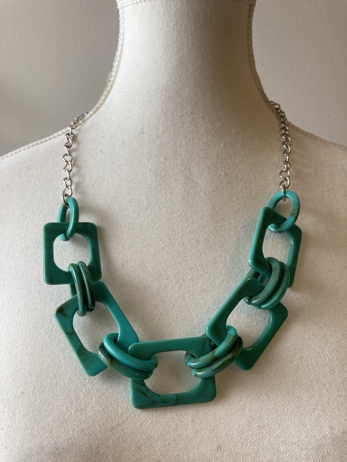 Chunky Teal Geometric Necklace Green Acrylic Link Statement Artsy Modernist