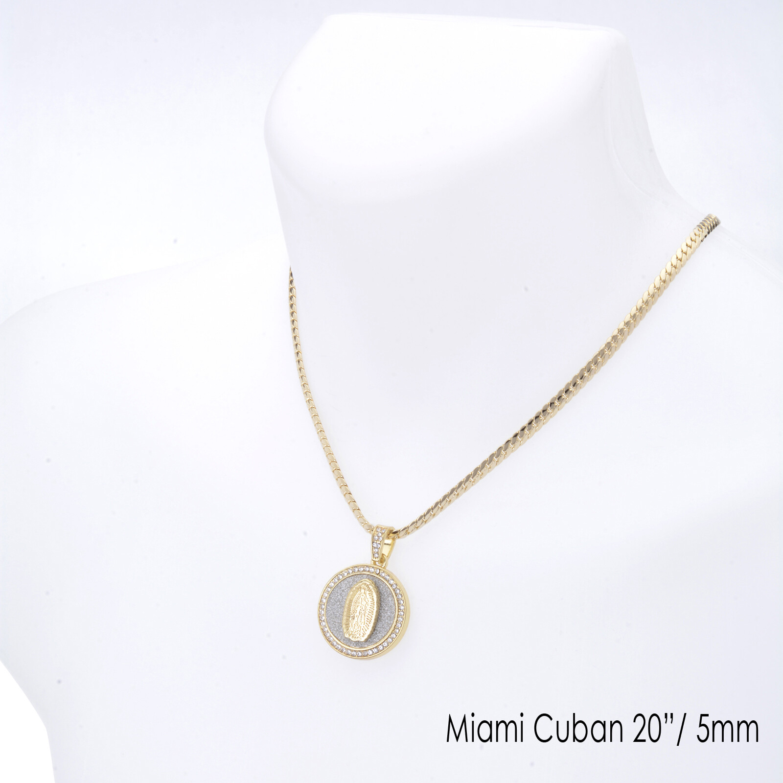 Men’s Gold Tone Mary Guadalupe Pendant 20″ Miami Cuban Chain Necklace MCP 116 G