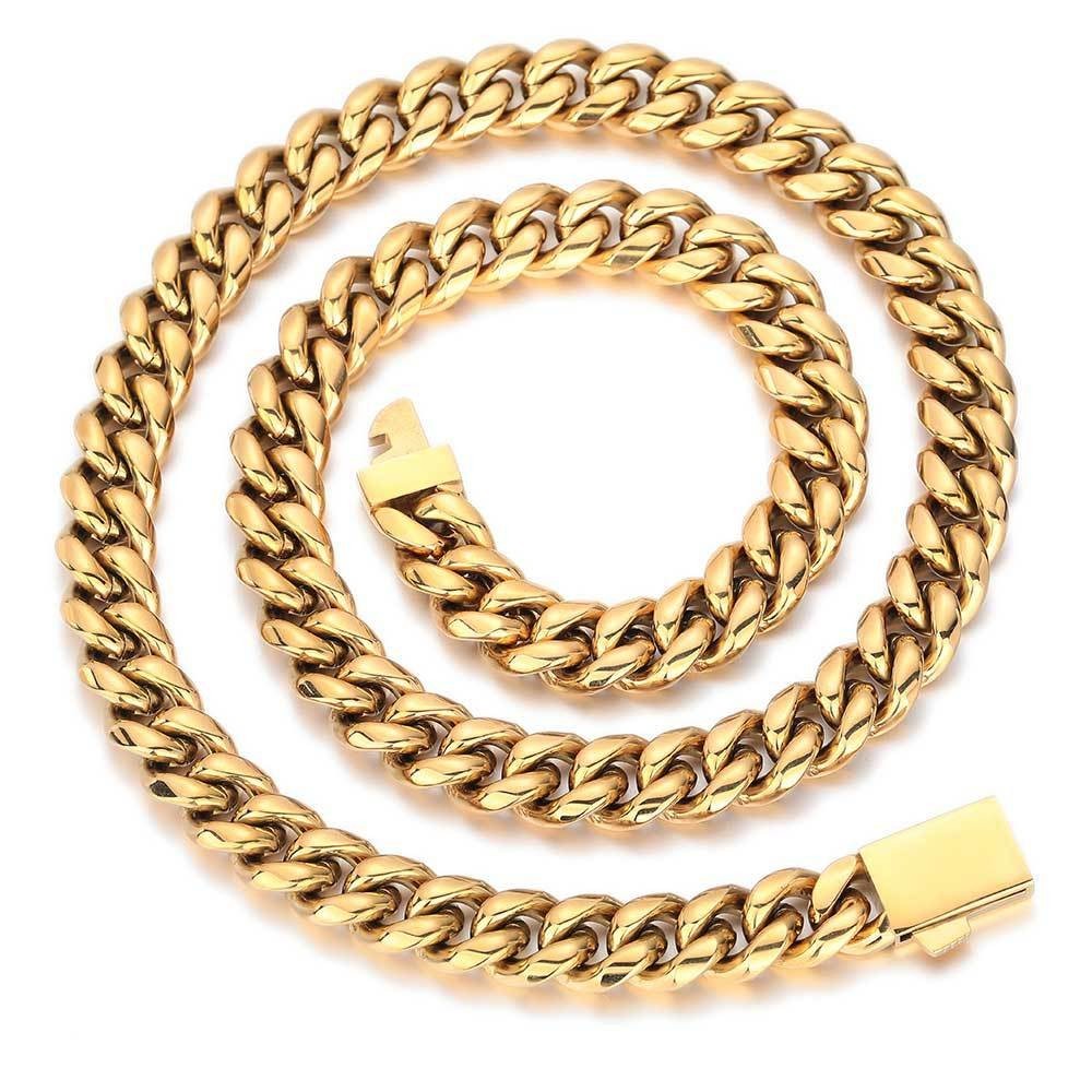 Miami Cuban Chain Necklace Men, 14k Gold Plated Stainless Steel 6–12mm 16–30″