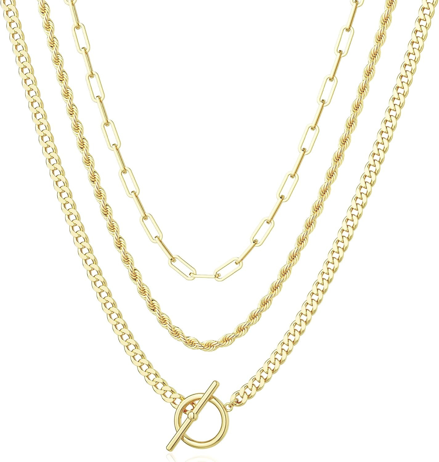 Layered Necklaces for Women – 14K Gold Plated Stack Necklace Paperclip Rope Cuba