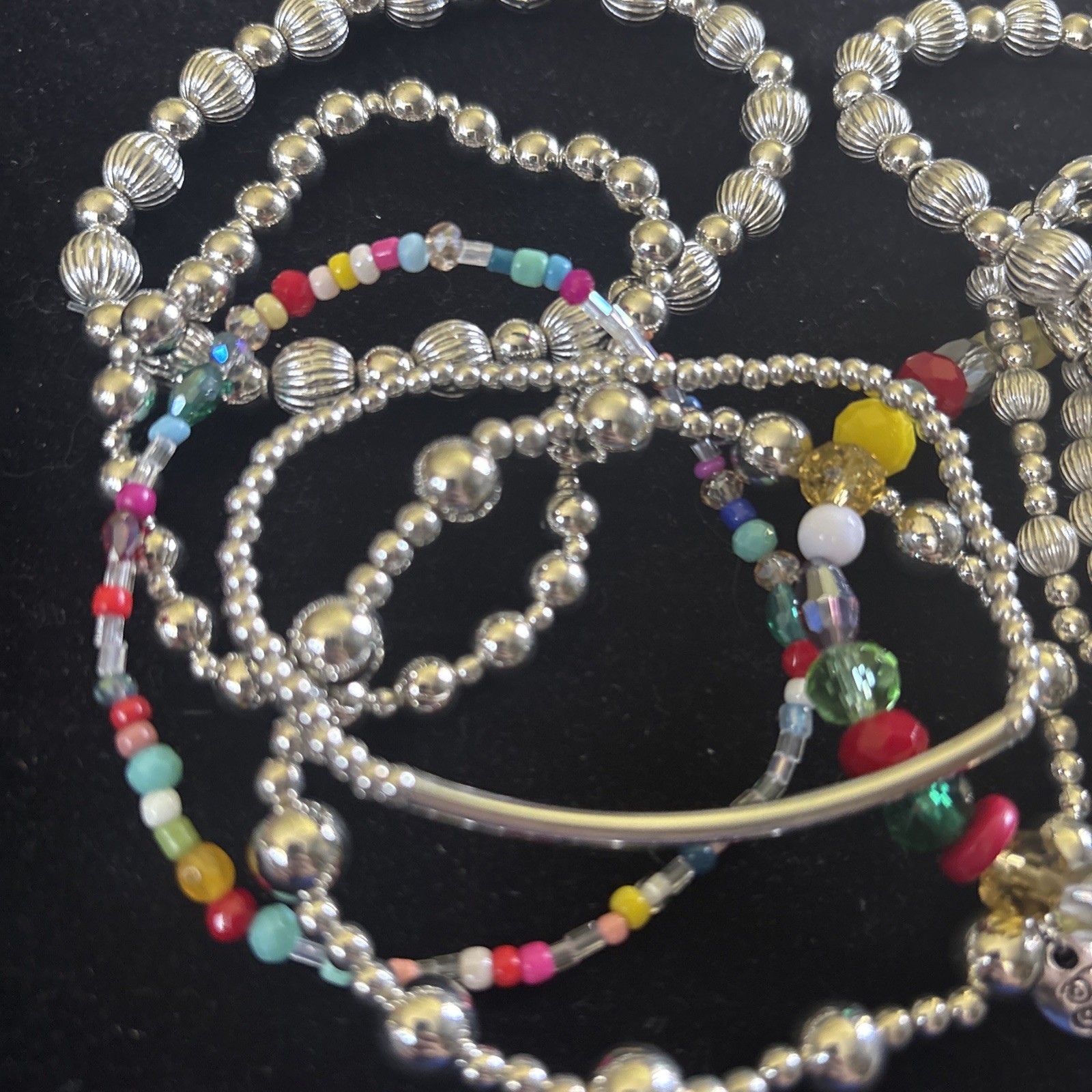 Plunder Light Weight Silver With Colorful Beaded Stretch Bracelets