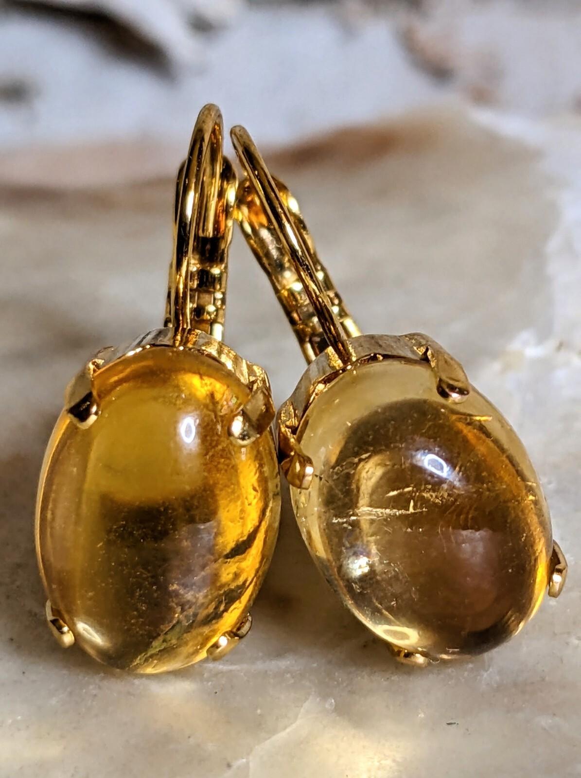 11 Carats Natural Domed Citrine In 18k Gold Plated Drop Down Earrings