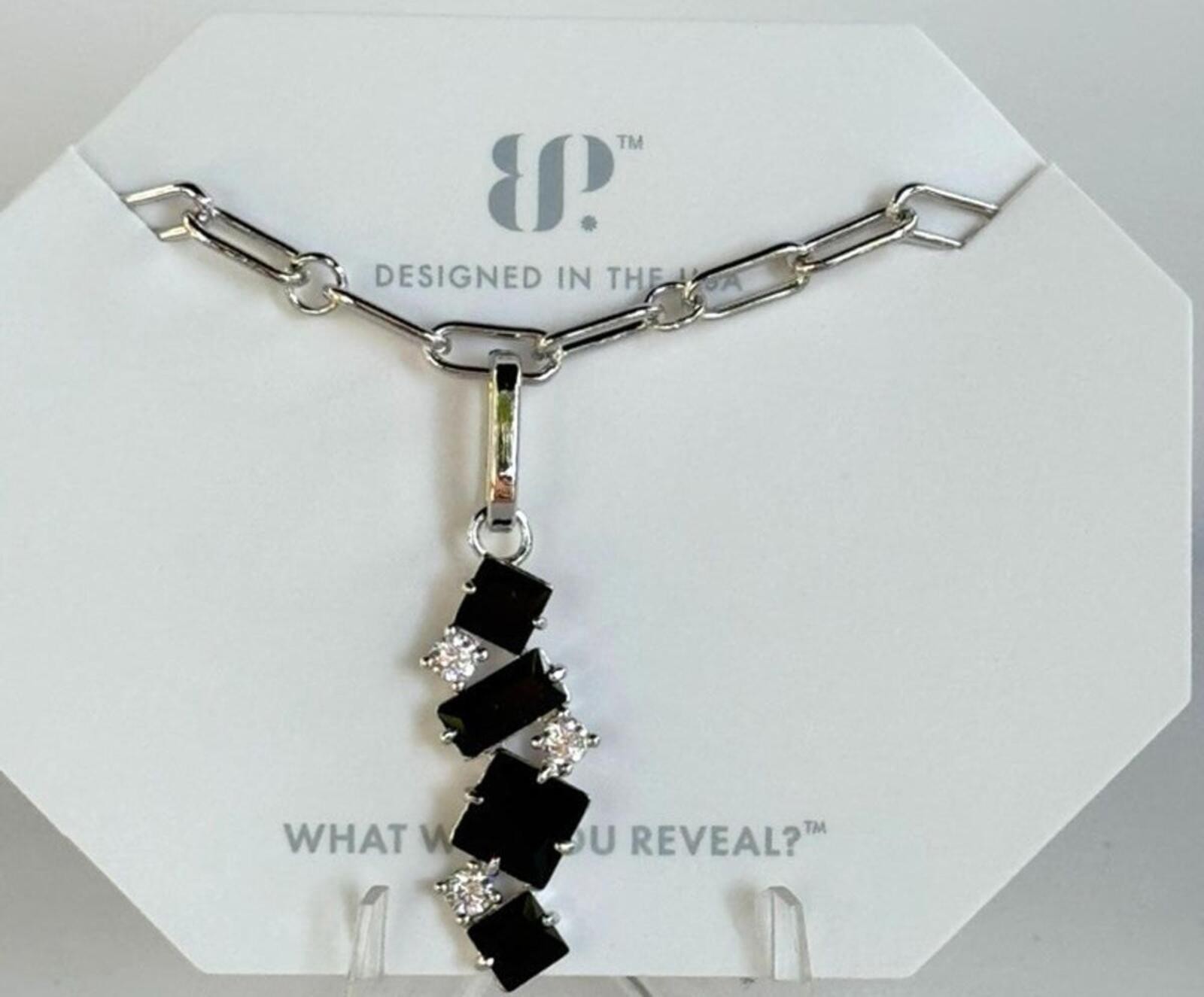 Bomb Party Necklace “Just Say Yes” Black Onyx & CZ on Rhodium NK84196