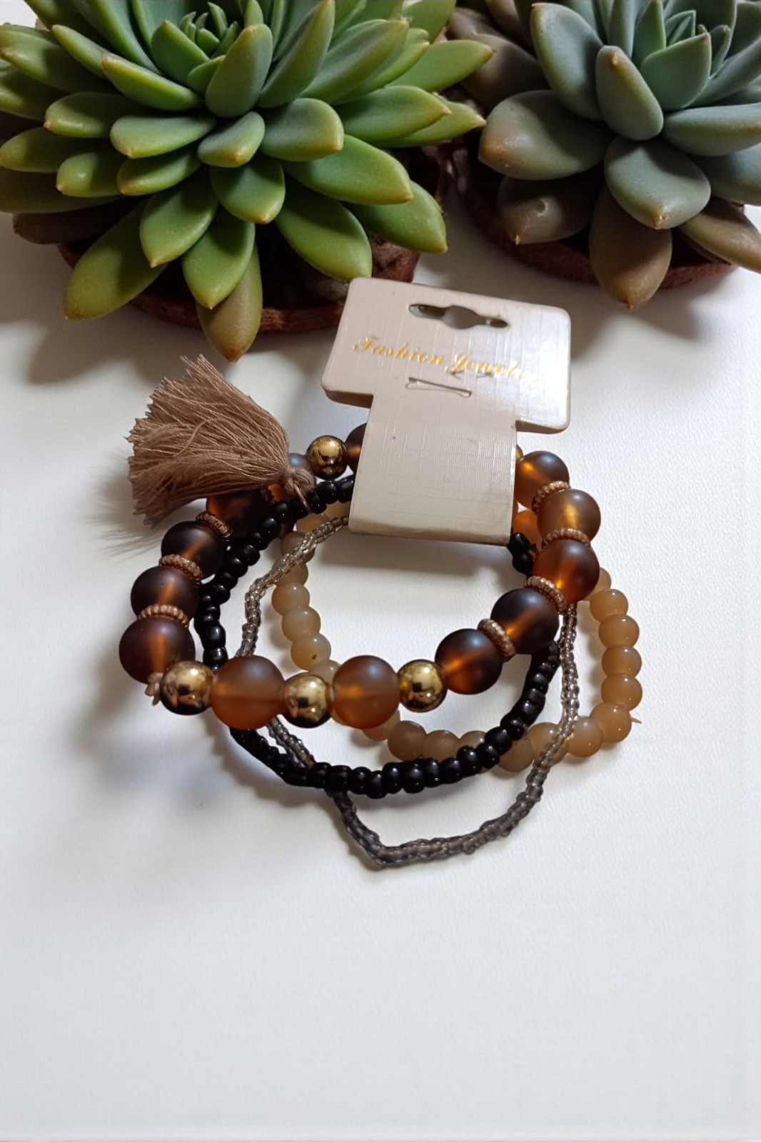 Set 4 Beaded Bracelet Brown Black Gray And Cream