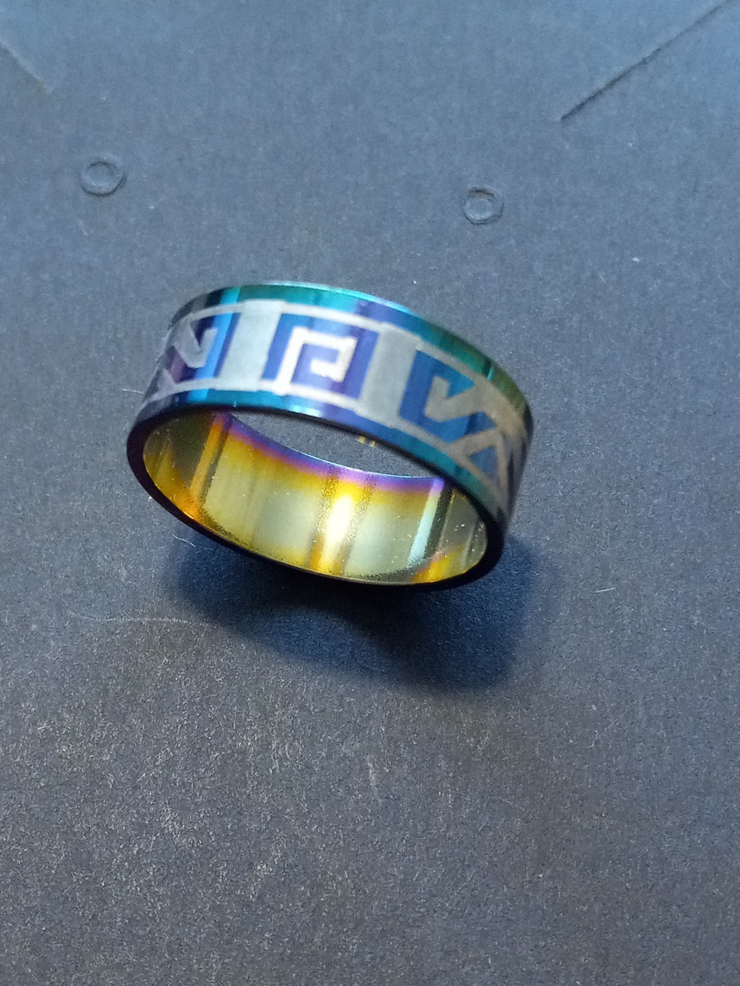 Stainless Steel Fashion Ring – Blue Design. 7mm Wide. Size 7.5 (B13)