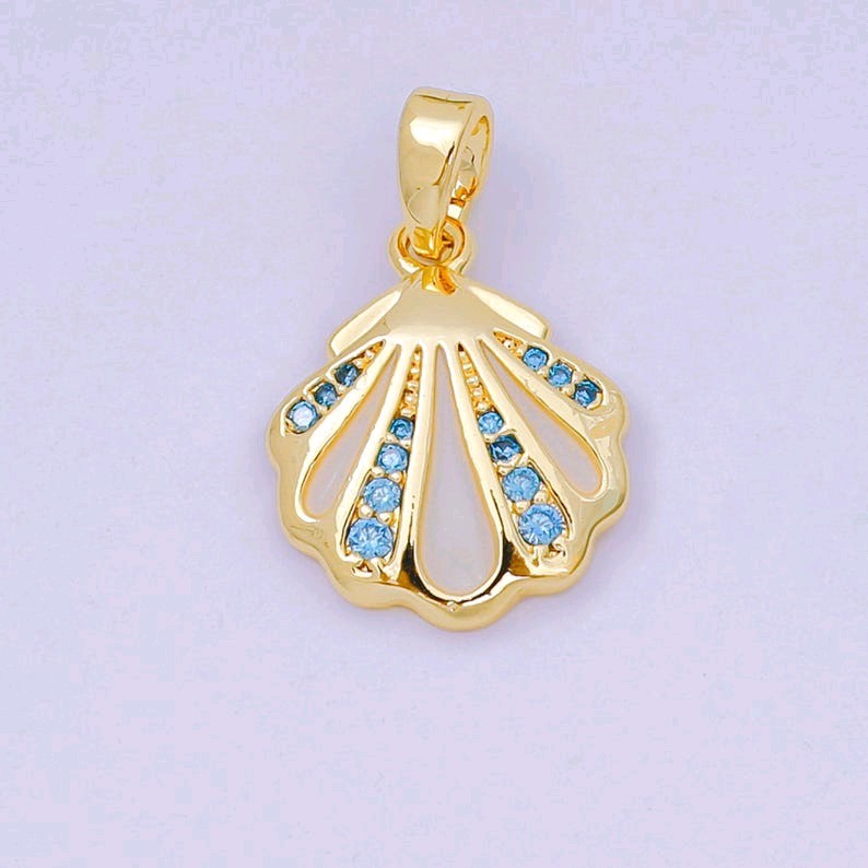24K Gold Filled 15mm Sky Blue Micro Pave CZ Clam Shell Dainty Charm Jewelry Find