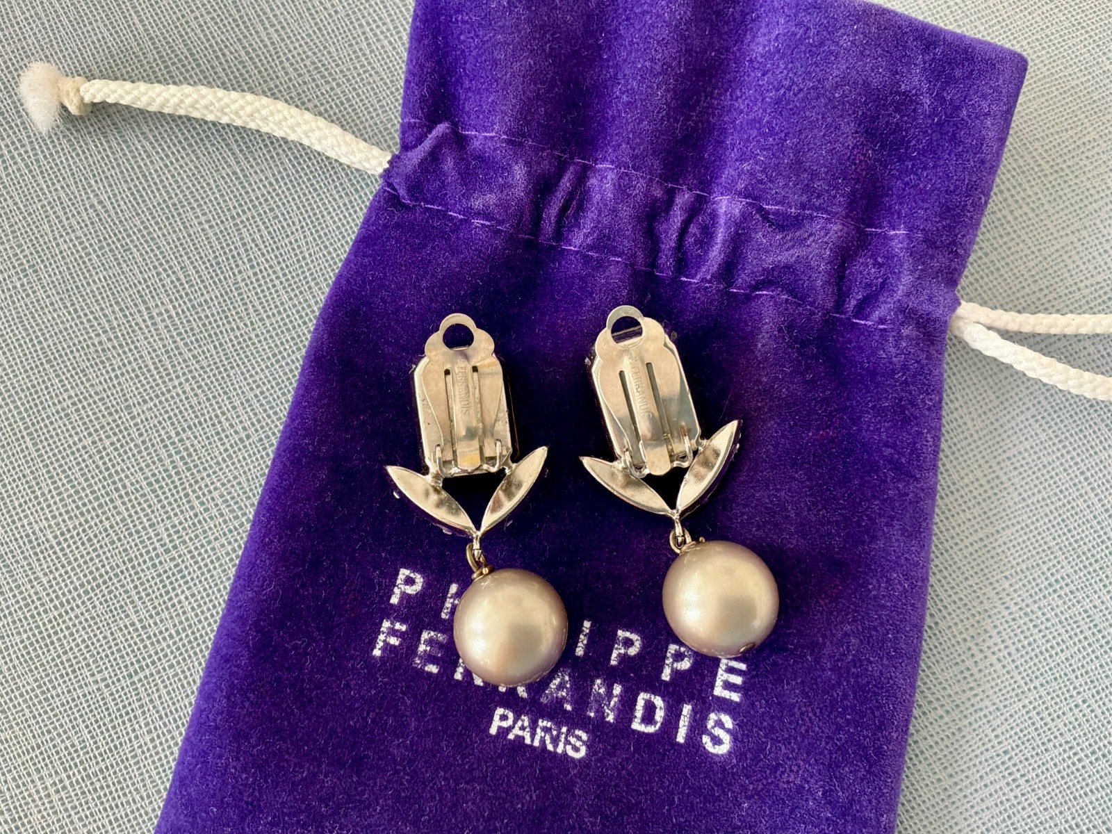 Philippe Ferrandis Paris Silver Crystal Pearl Drop Earrings Clips
