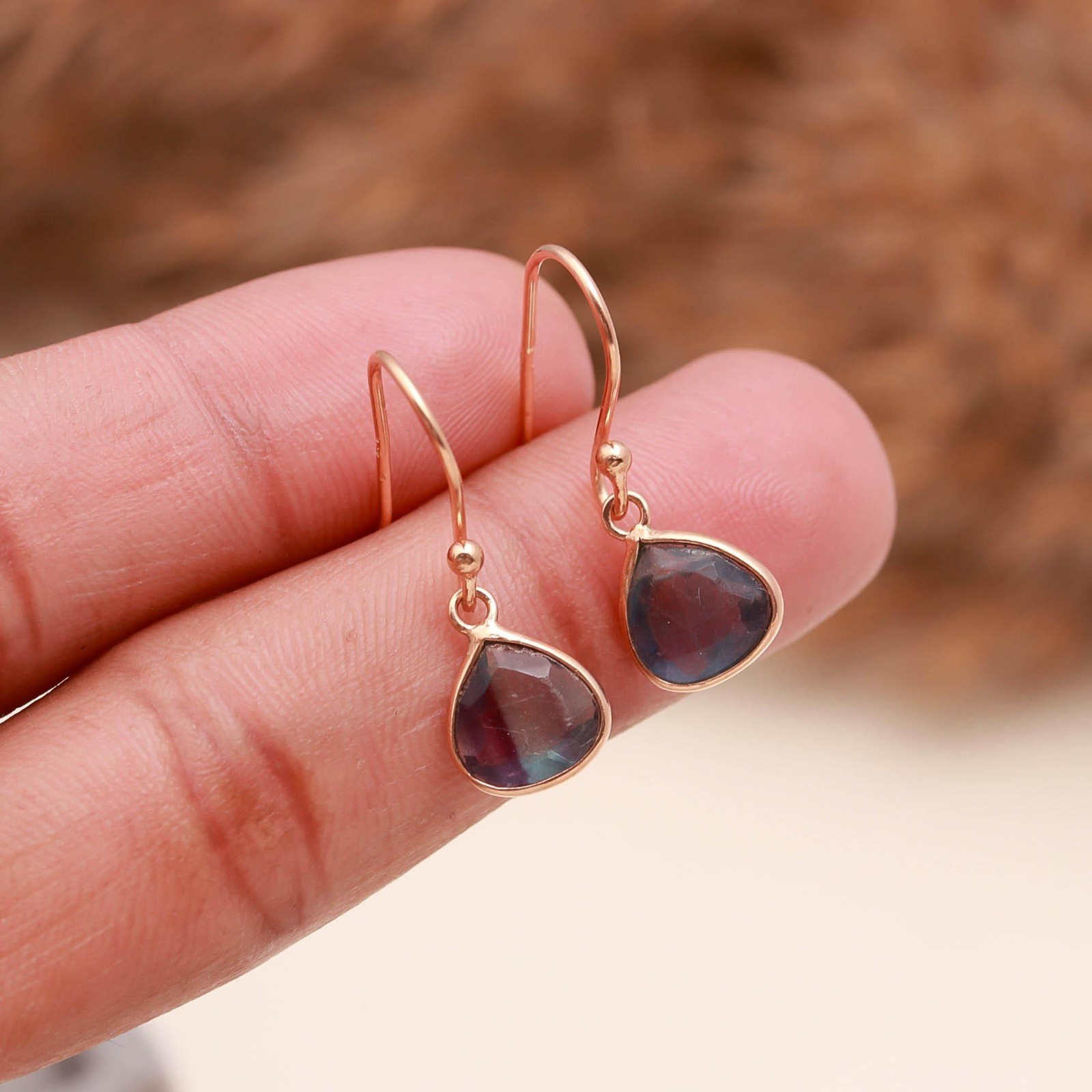 Natural Fluorite Heart Dangle Earrings Rose Gold Plated 925 Sterling Silver