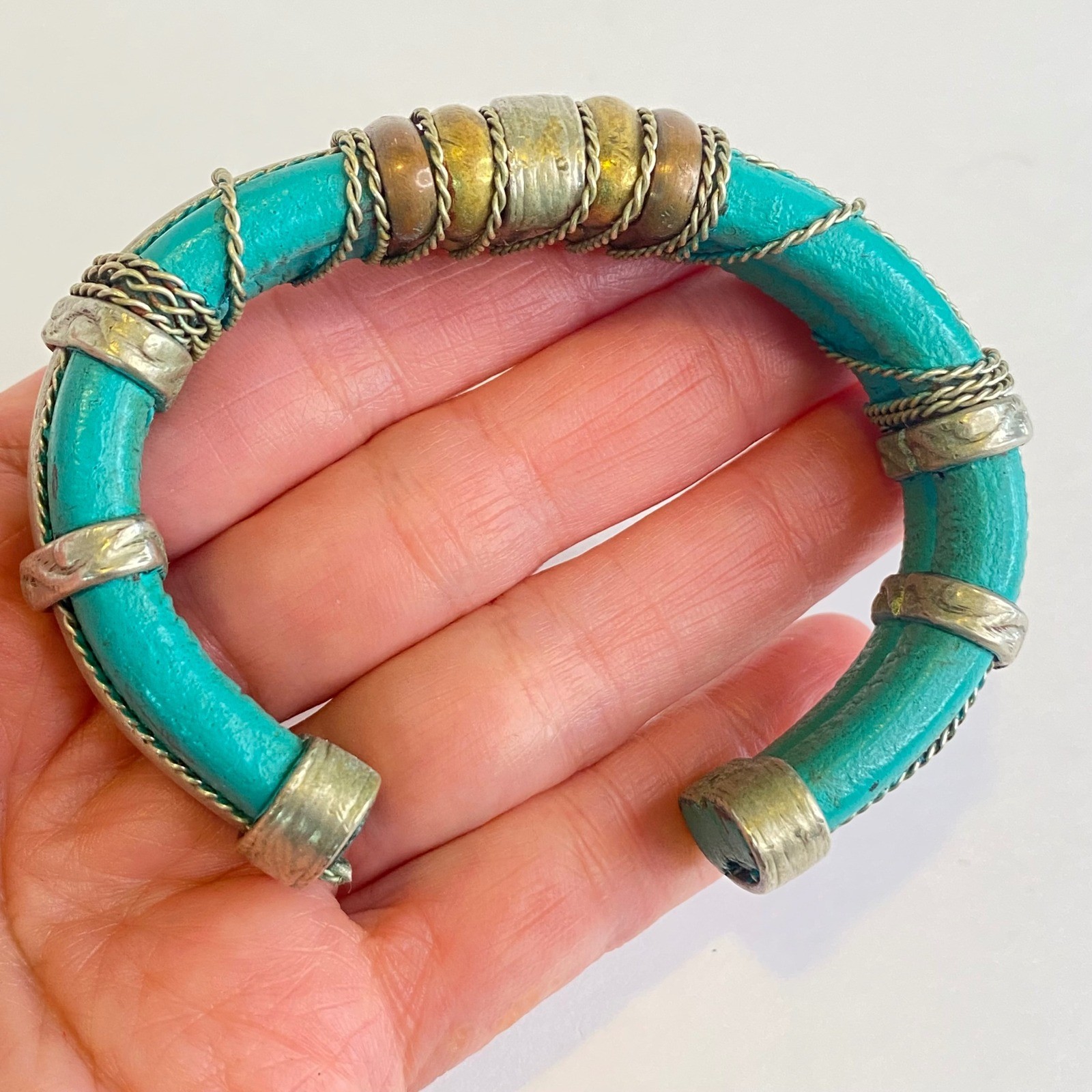 Vintage Ethnic Teal Leather Mixed Metal Wire Wrapped Cuff Bracelet Statement