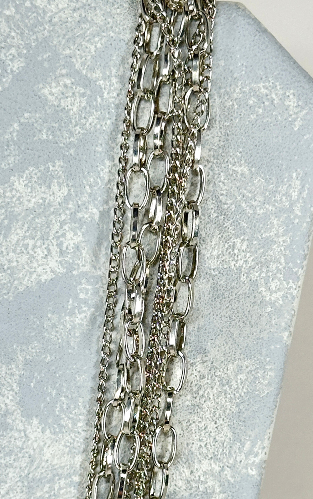 Necklace Heavy Shiny 7 Strand Silver Tone 40 Inch Bib Length Mixed Link Chains