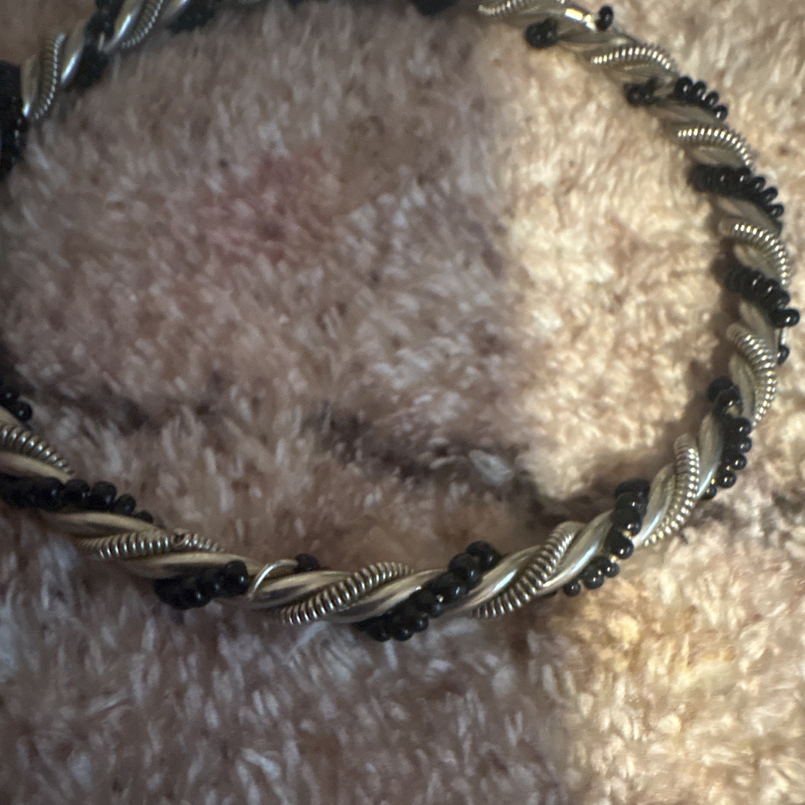Black & Silver Tone Twisted Rope Slip-On Bangle Bracelet, Round Metal, No Stone