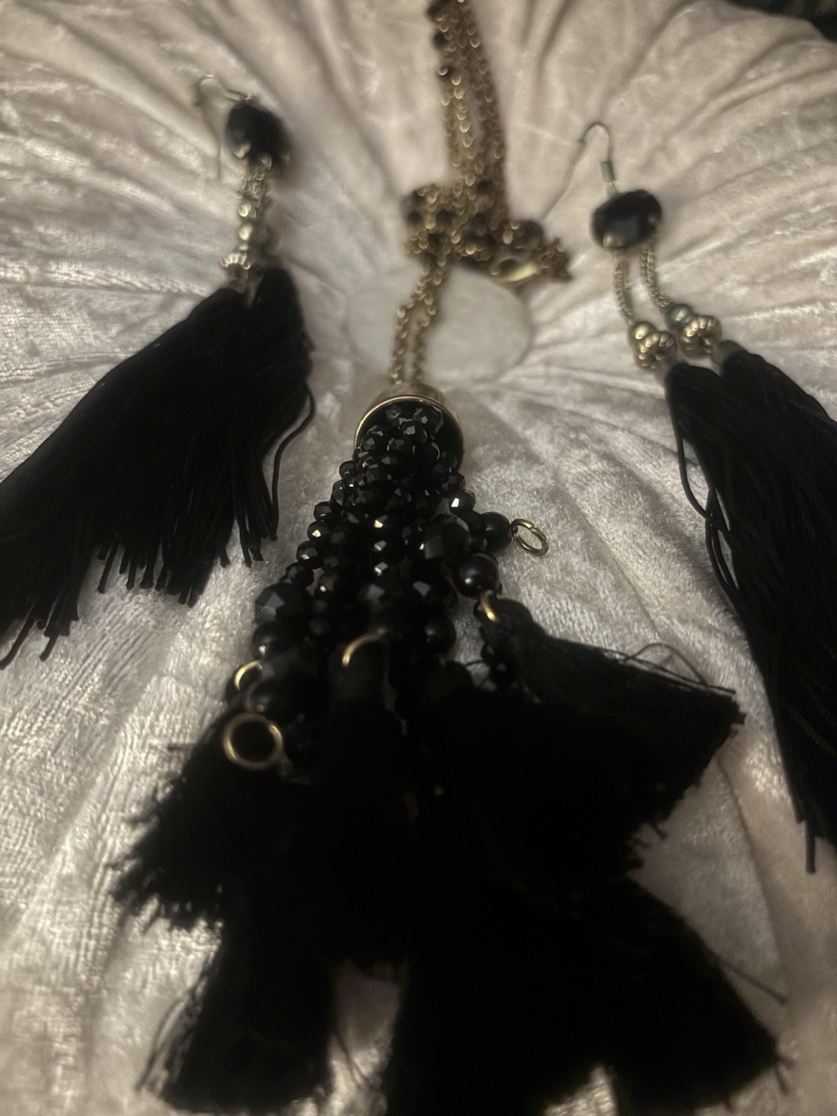 Black and Gold Necklace Set with Black Tassels and Earrings for Women