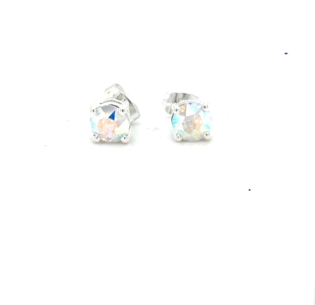 Rainbow Crystal Stud Earrings in Brass Silver-plated 4 Prong Basket