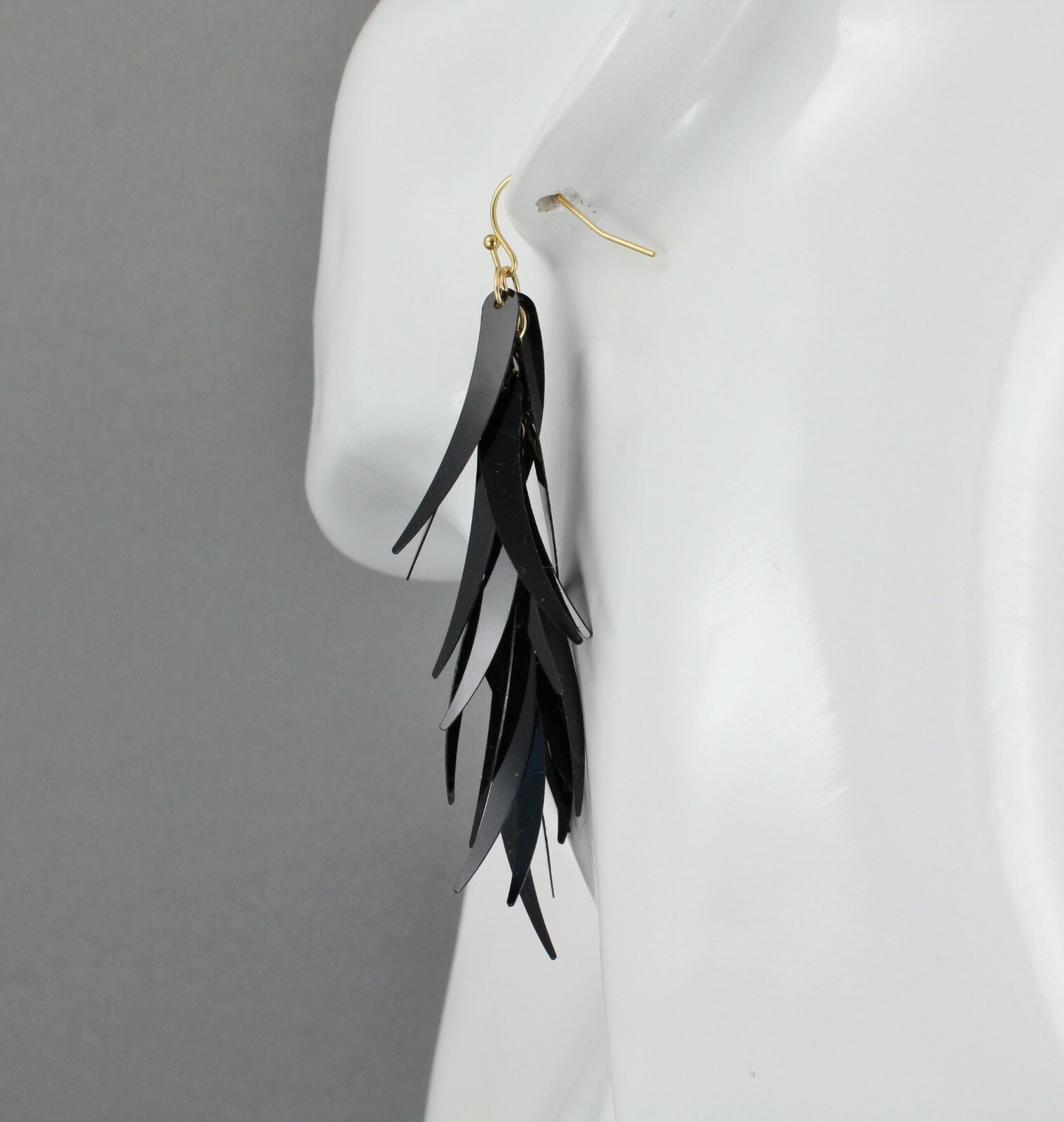 Black feathered earrings dangle 3.5″ long lightweight tassel fringe
