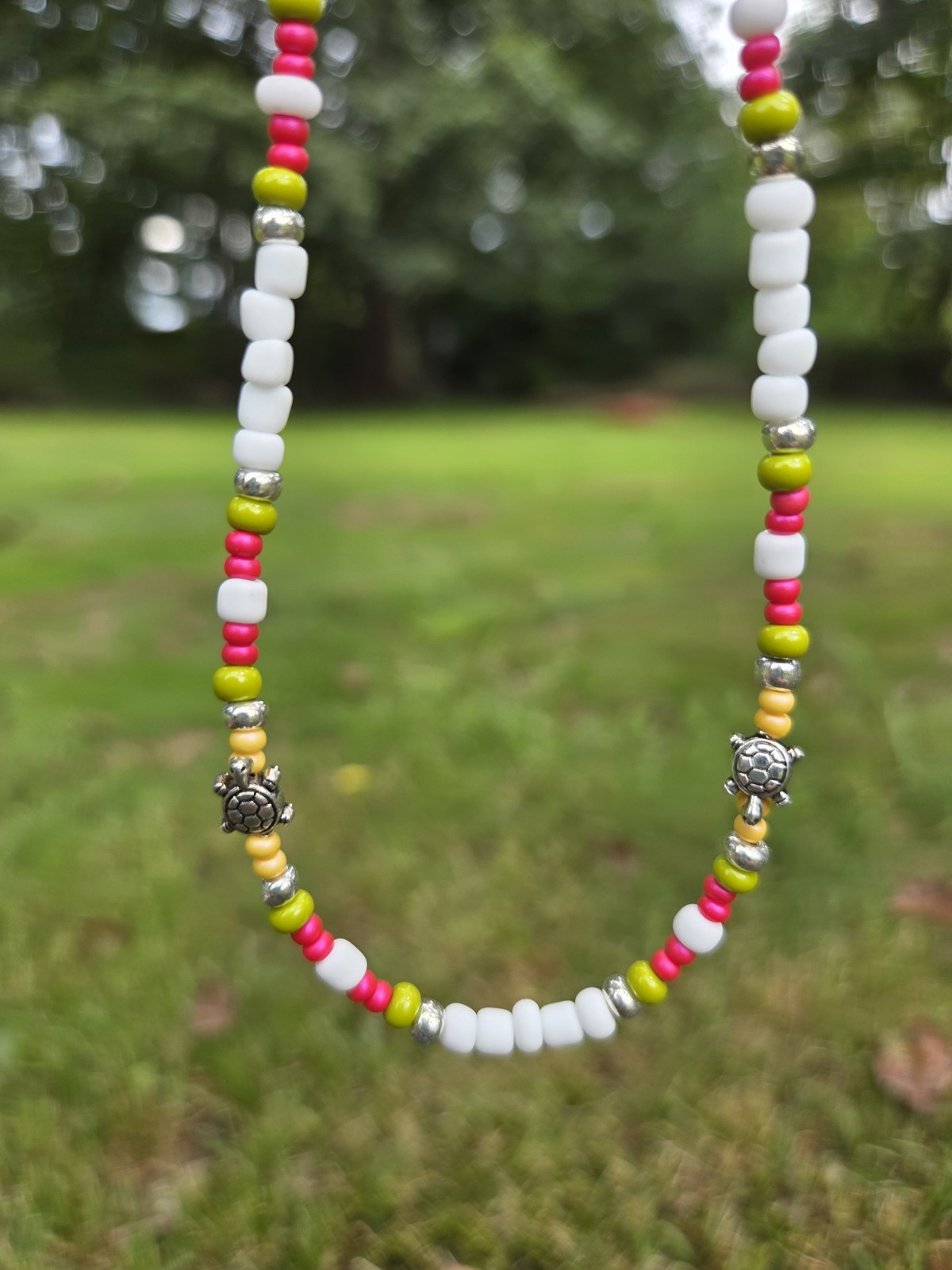 Turtle Necklace Beaded Jewelry Glass Beads White Green Pink Lobster Clasp
