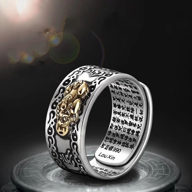Silver Feng Shui Pixiu Adjustable Ring MANI Mantra Protection Wealth Ring USA