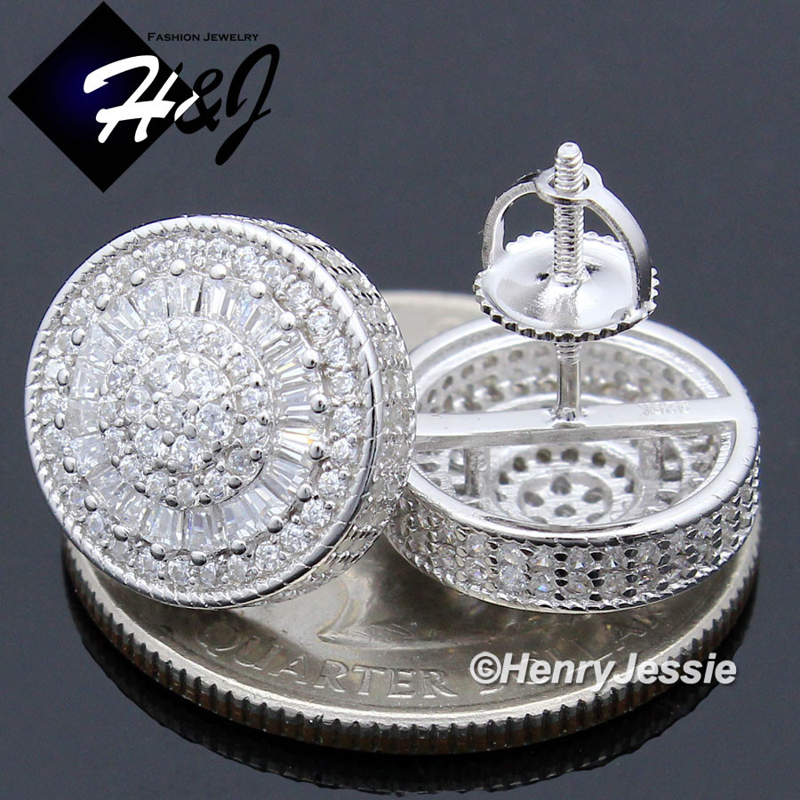 MEN 925 STERLING SILVER 13MM ICY BLING CZ ROUND 3D SCREW BACK STUD EARRING*E78
