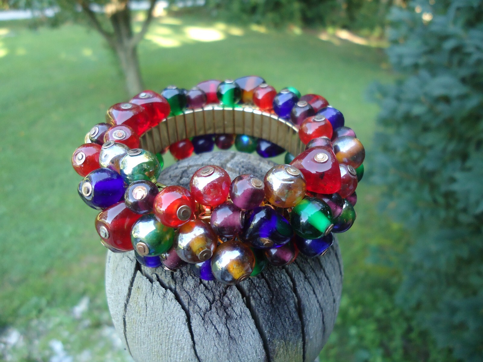 Colorful Glass Bead Stretch Bangle on Gold Tone Metal Base Whimsy Costume Art