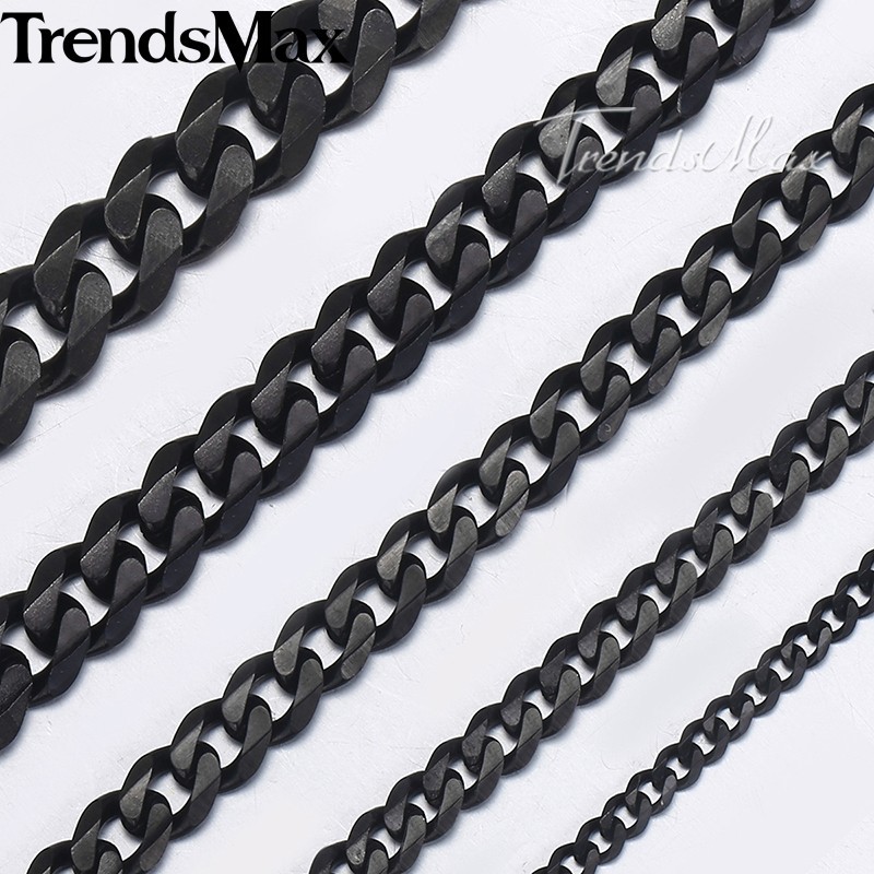 3/5/7/9/11mm 18-34″ Black Stainless Steel Necklace for Men Boys Curb Cuban Chain
