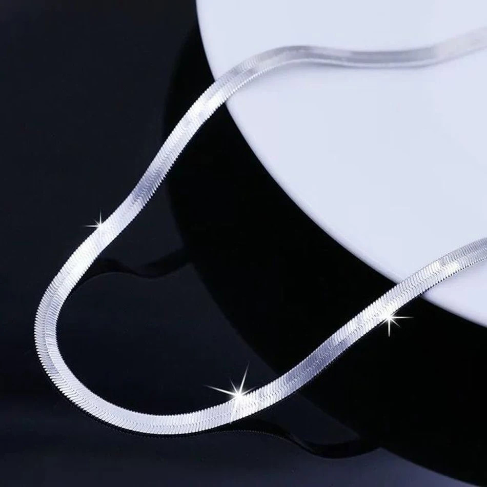 Silver color Gold Plated 4MM Flat chain Necklace for Women Luxury Fine