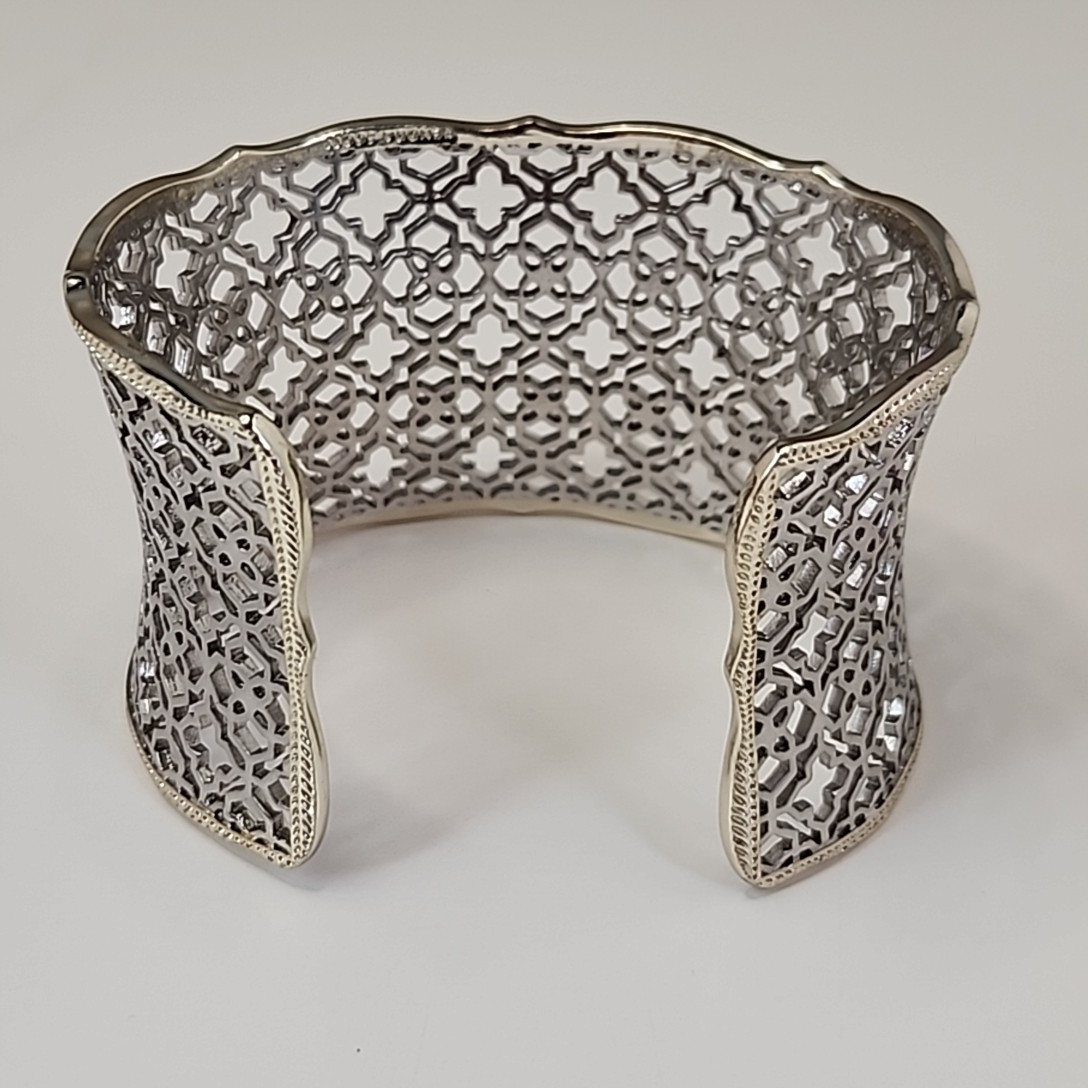 Wide Cuff Bracelet Satin Silver Tone 4cm Clover Openwork 6.5″