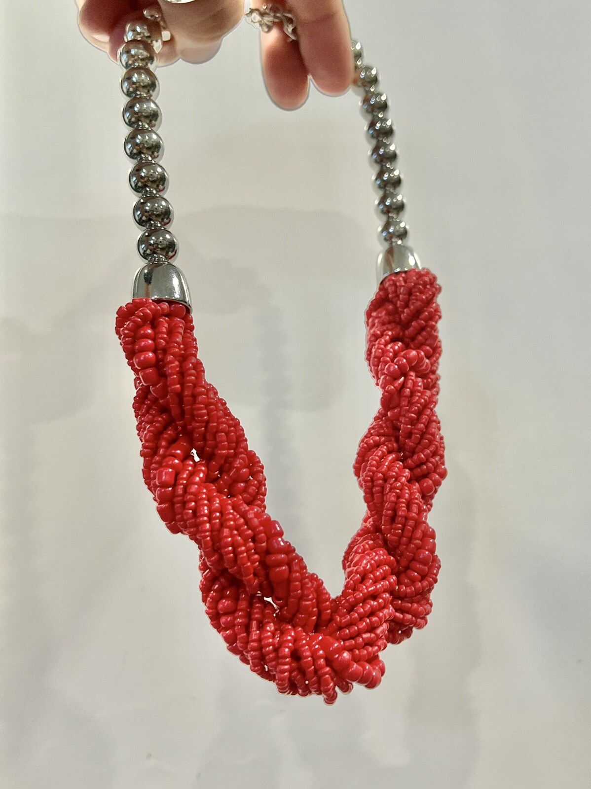 New Red Coral Seed Bead Twisted Necklace 16 inches W/ adjustable 3 Inch Extender