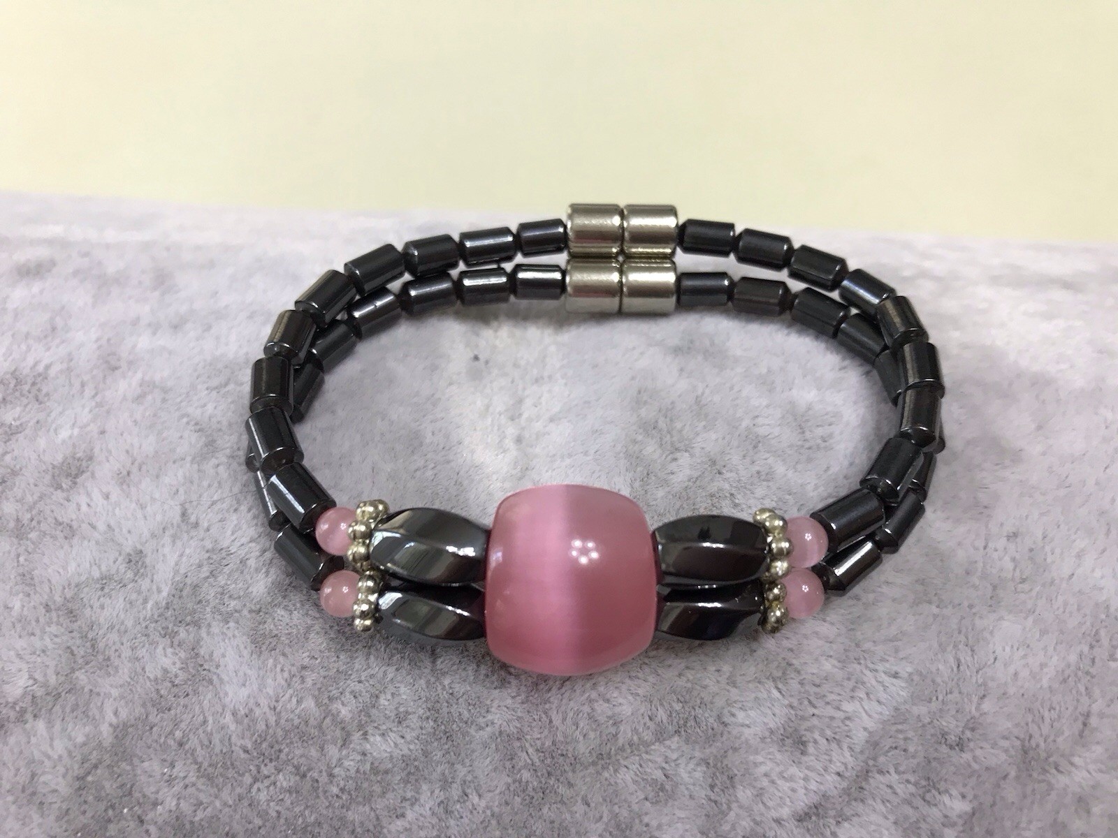 Pink Cats Eye 6.5 inch Magnetic Hematite Double Strand Bracelet w/Magnet Clasp