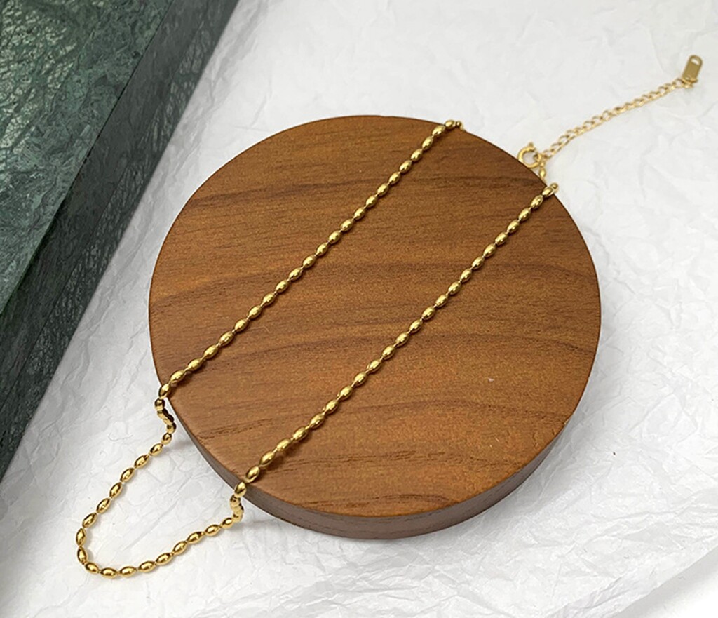 Gold Plated Titanium Stainless Steel Oval Bead Chain Choker Necklace 13.2-15″