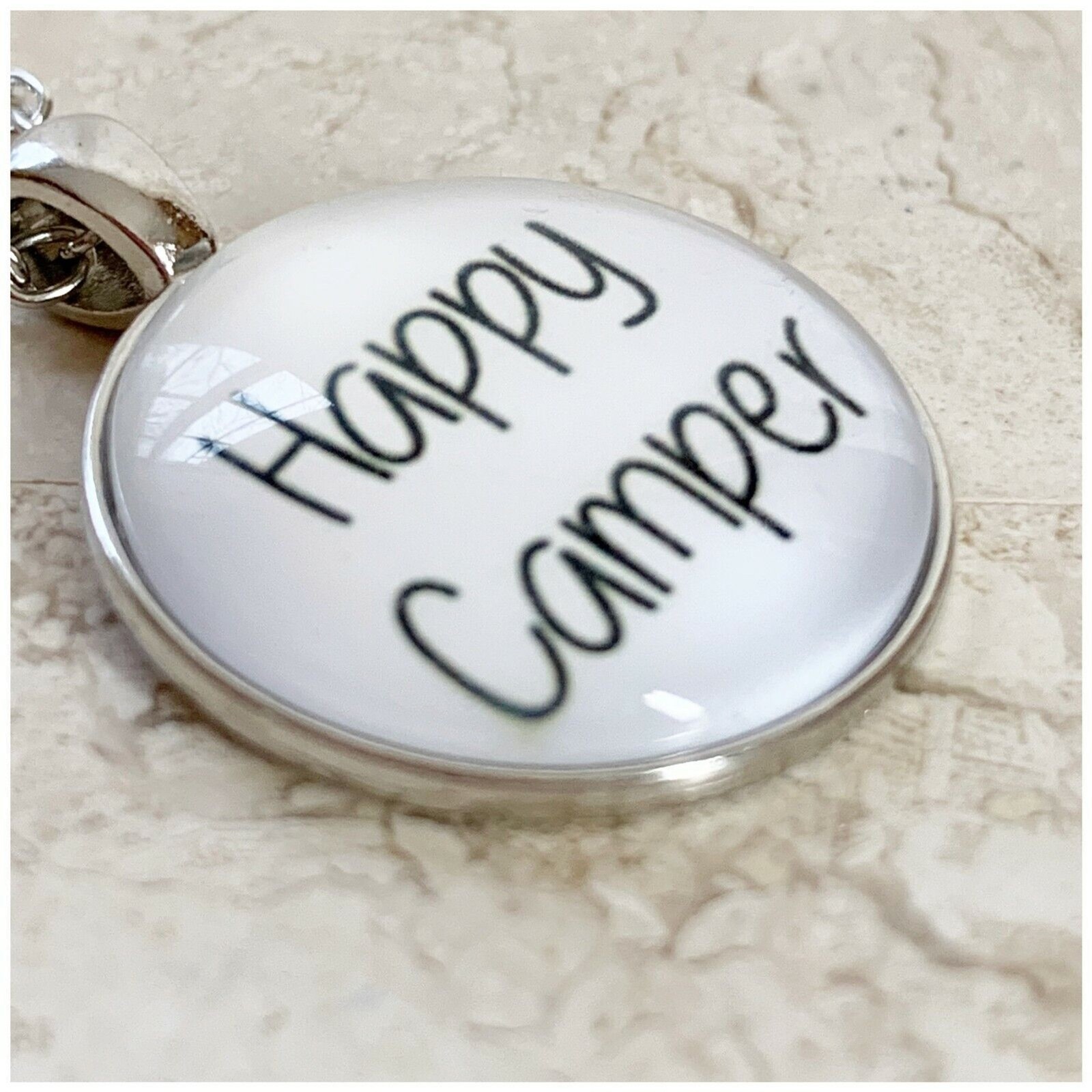 HAPPY CAMPER Necklace NEW White Round Glass Silver Chain RV Motorhome Tent