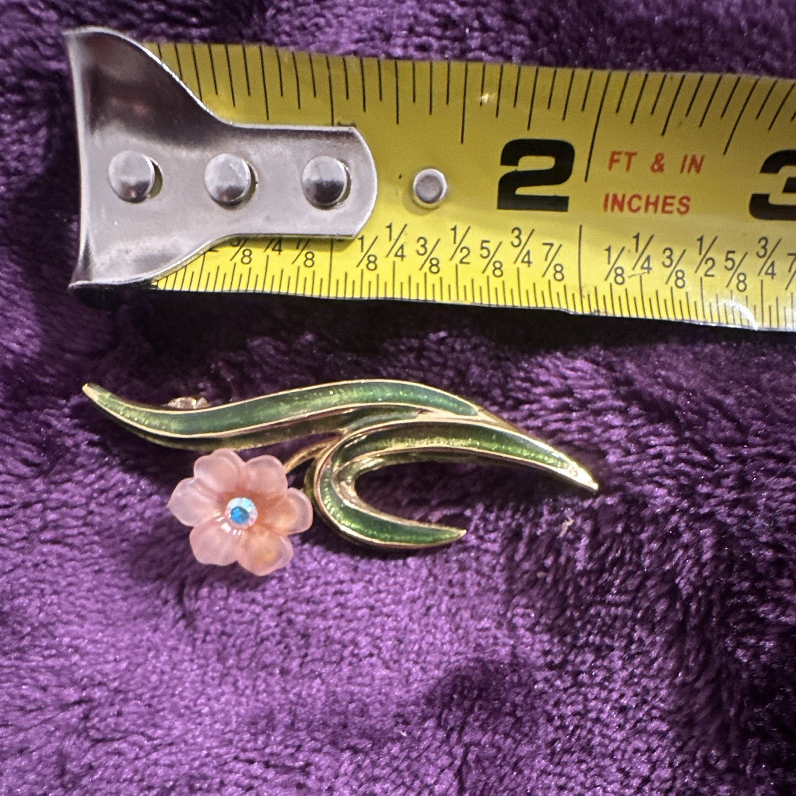 Signed LIA Gold Tone Green Enamel Leaf Brooch Pin Pink Flower Blue Crystal 2″