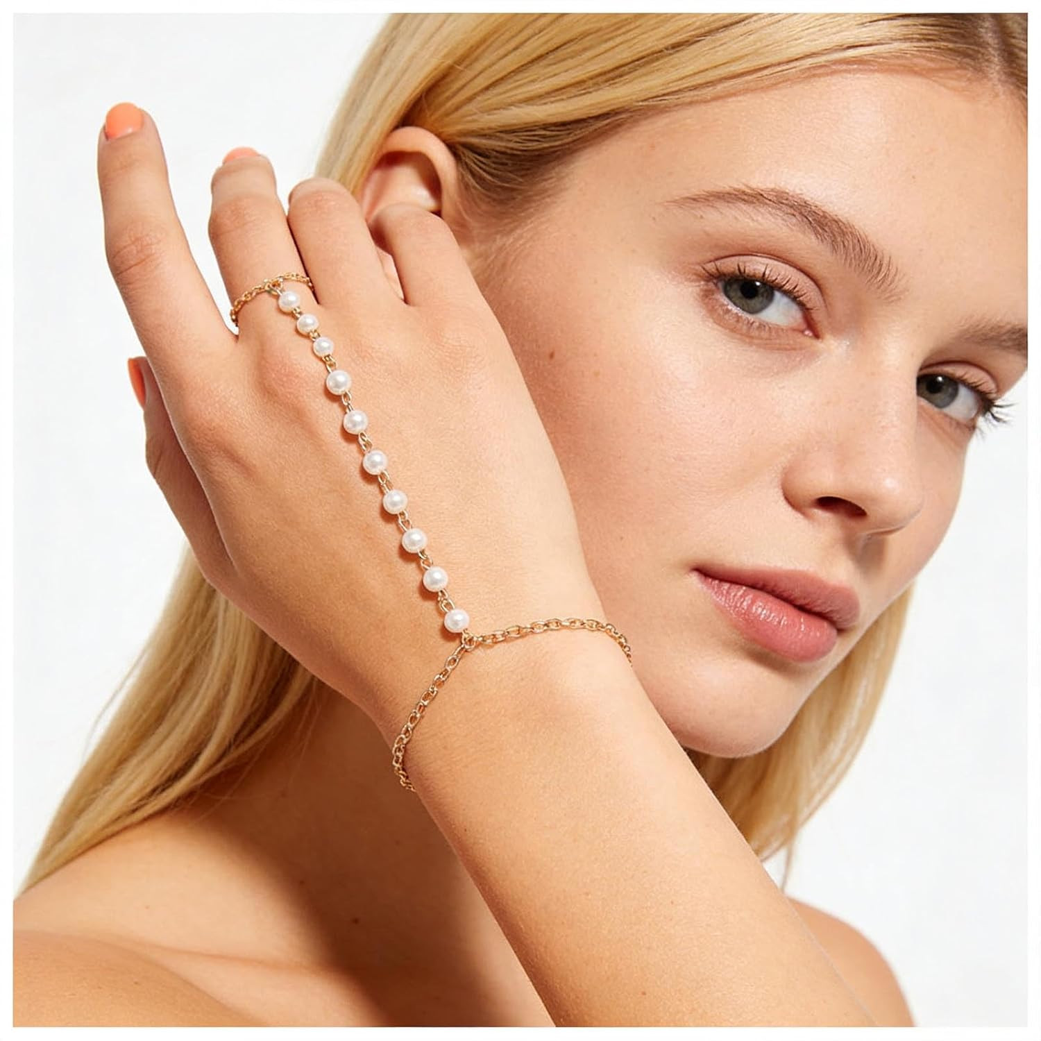 Boho Pearl Slave Bracelet Gold Ring Wrist Pearl Finger Minimalist Hand Chain