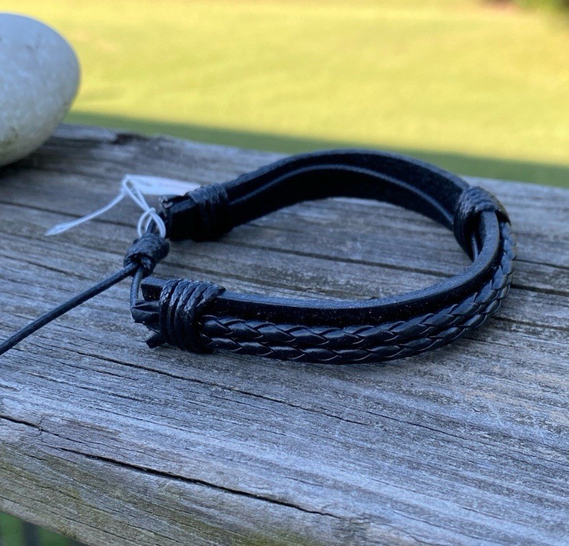 Black faux leather adj. wrist strap bracelet layered braiding detail unisex