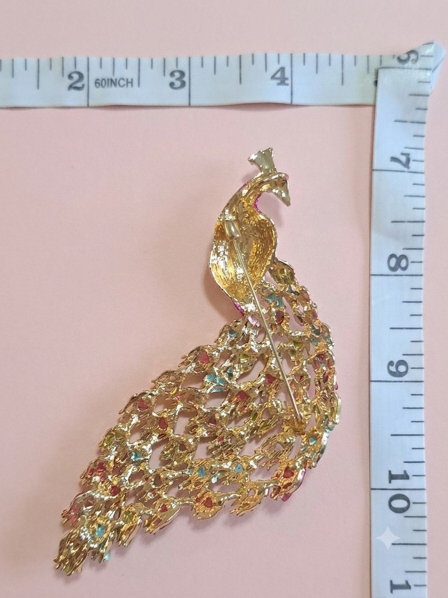 Peacock Multicolor Rhinestone Brooch Pin Gold Tone Metal, 4 in