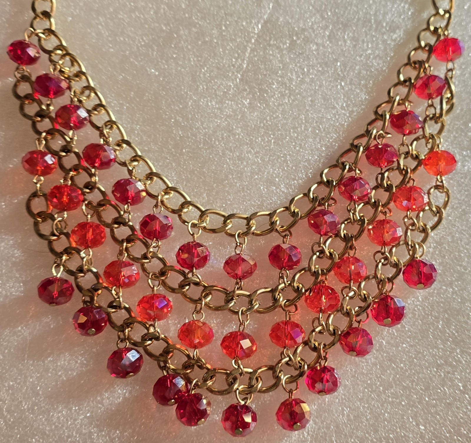 Fashion Red Aurora Borealis Glass Beads Beaded Chain Bib Statement Necklace