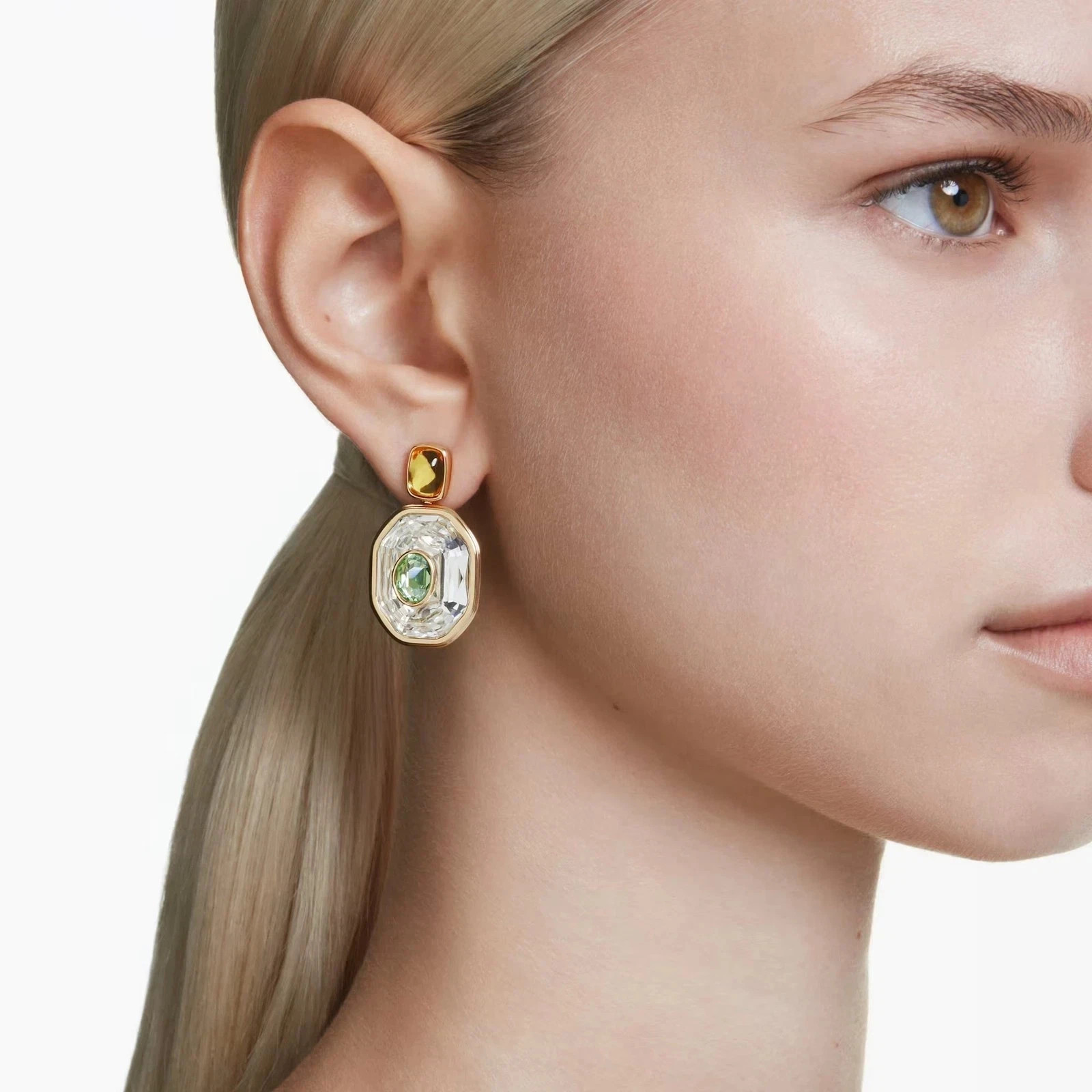 Swarovski Chroma Drop Earrings, Asymmetrical, Octagon Cut, Gold Tone 5705582