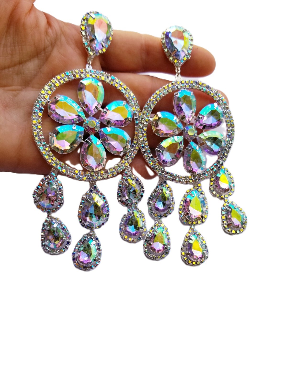 AB Iridescent Rhinestone Chandelier Drop Dangle Earrings 5.5 inch Jewelry