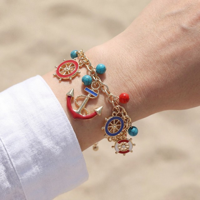 Nautical Charm Bracelet Anchor Ship Wheel Gold Tone 7.0 in Beach Summer Jewelry