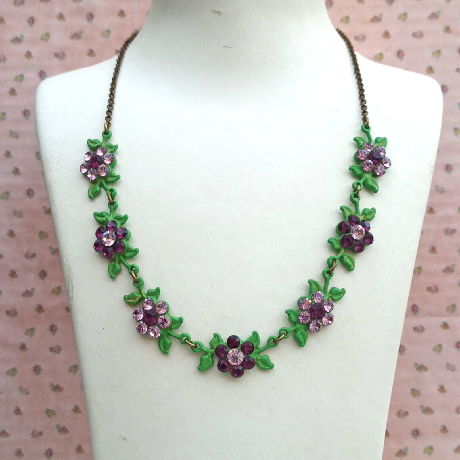 Michal Negrin Green Enaml Purple Flowers Necklace With Swarovski Crystals Gift