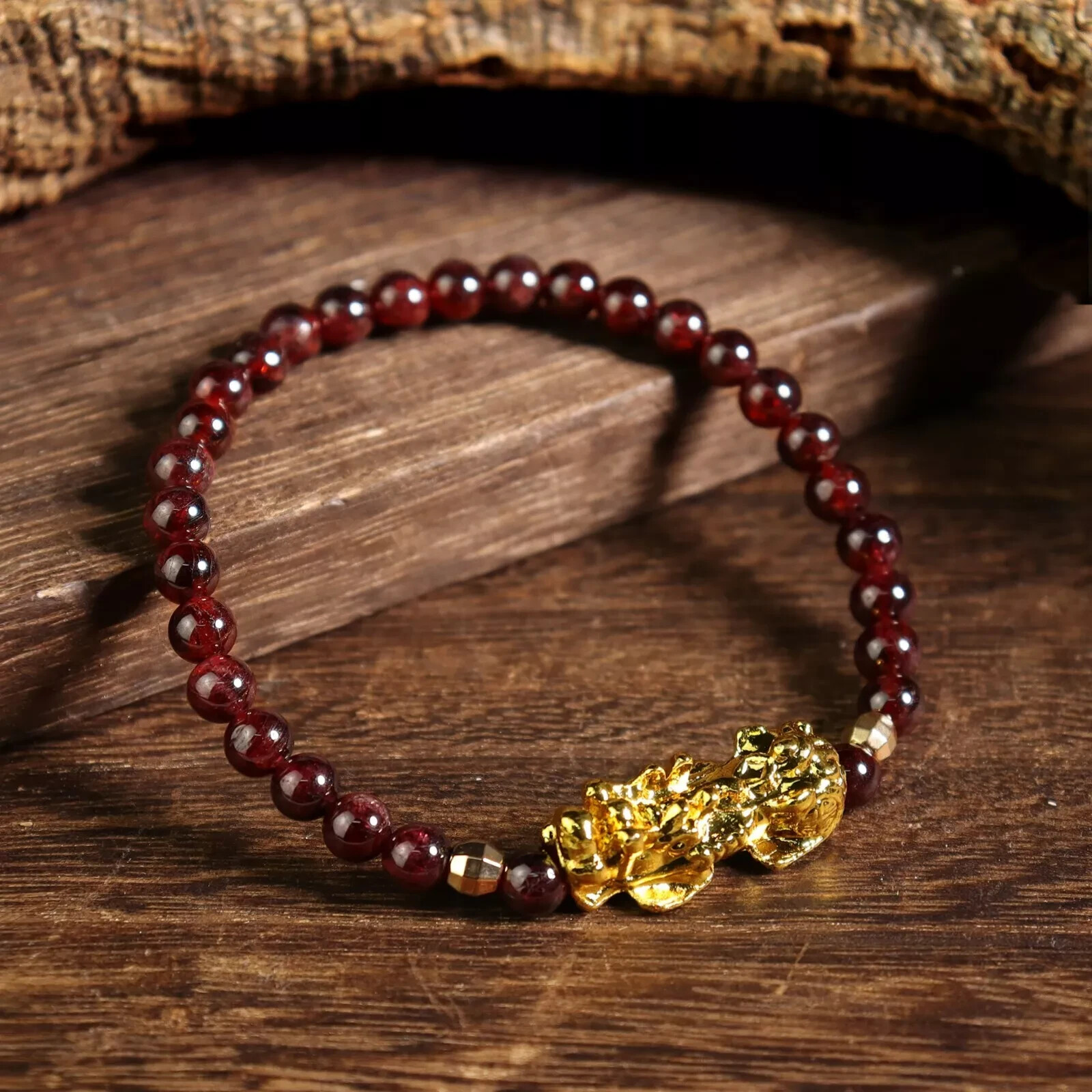 Natural Garnet 6mm Bead 14K Gold Pixiu Wealth & Luck Fengshui Healing Bracelet