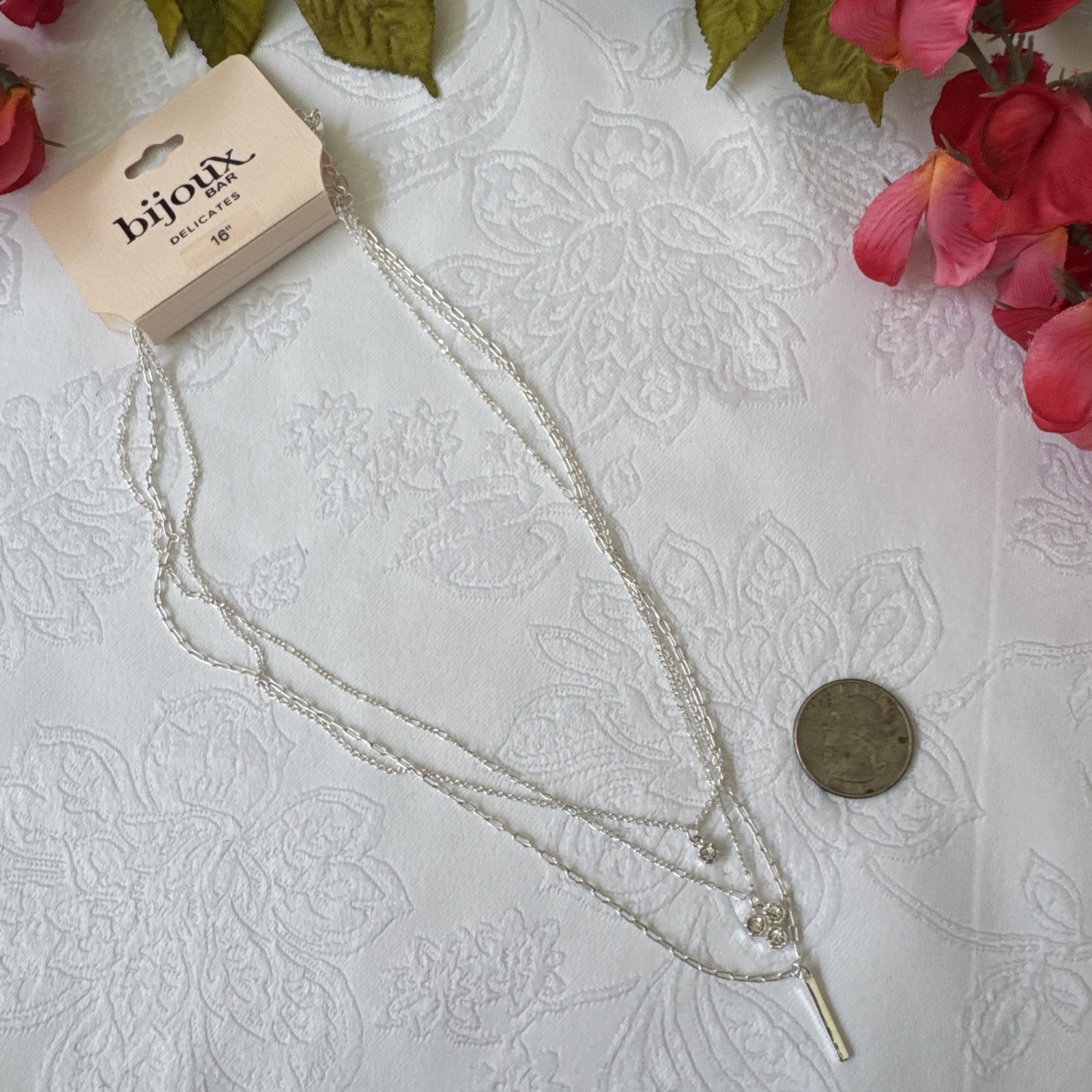 Bijoux Delicates Silvertone 3 Chain Bar Charm Layered Statement 16″ Necklace NEW